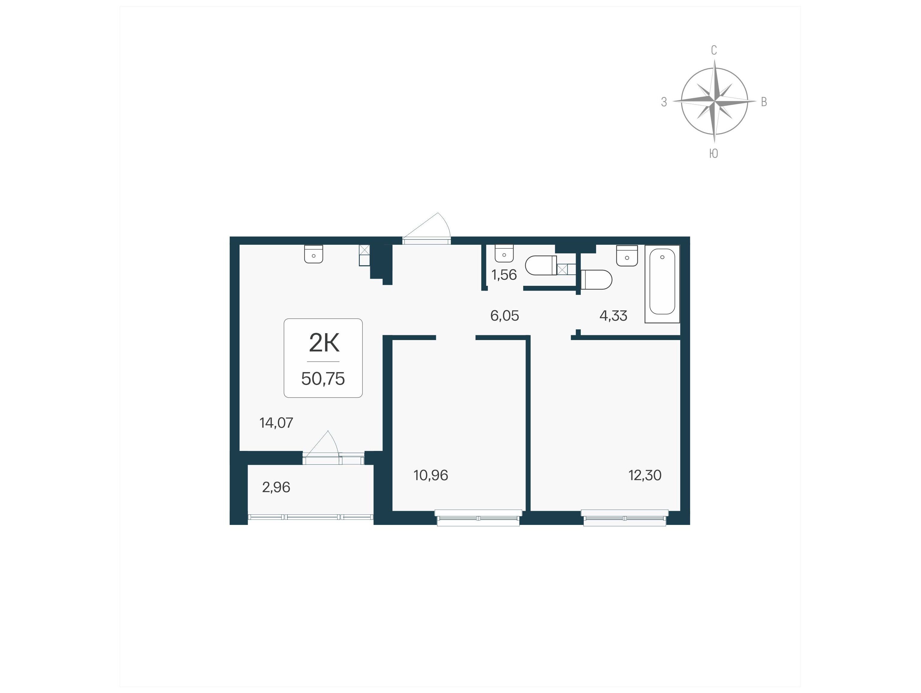 Планировка: 2-комн. квартира 50.75 м² в новостройке Расцветай в Янино