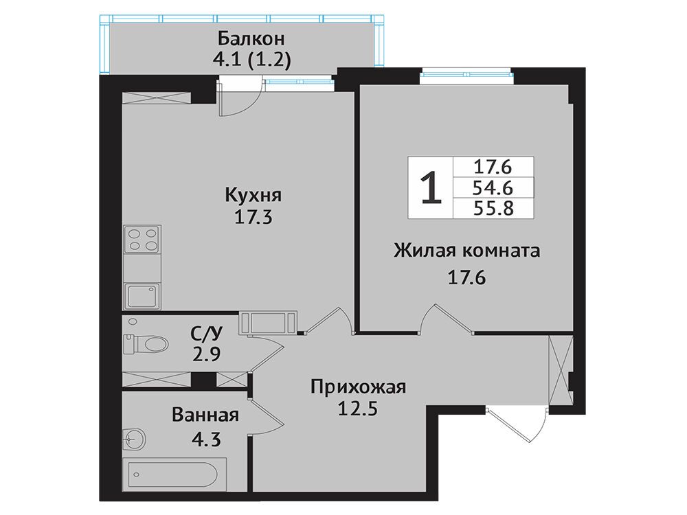Планировка: 1-комн. квартира 58.30 м² в новостройке Южная Звезда