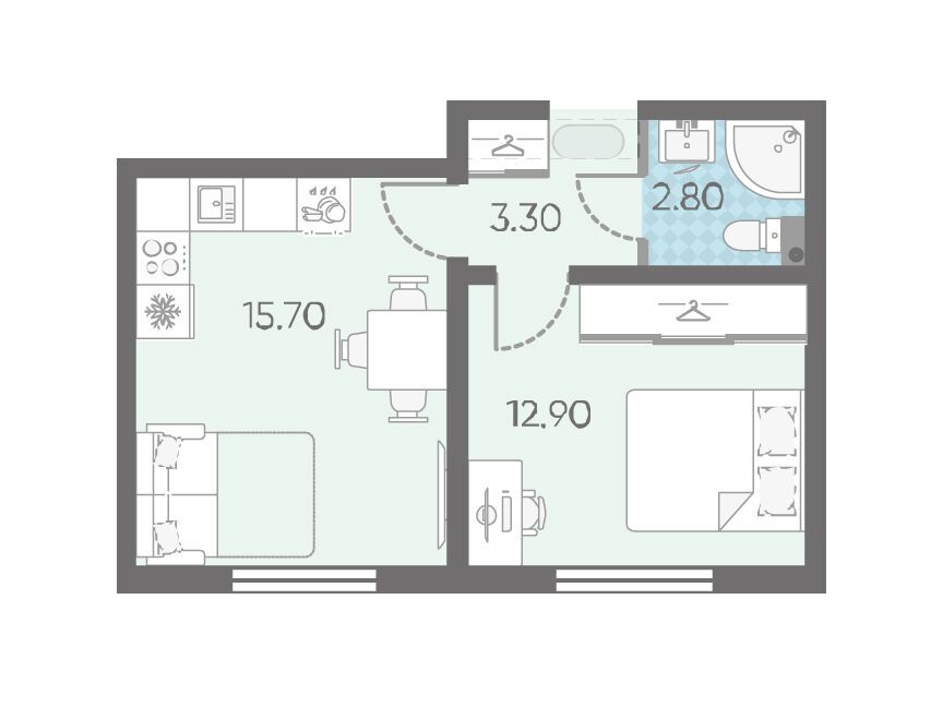 Планировка: 1-комн. квартира 33.90 м² в новостройке Ржевский парк