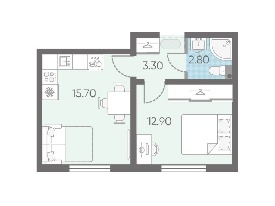 Планировка: 1-комн. квартира 33.80 м² в новостройке Ржевский парк