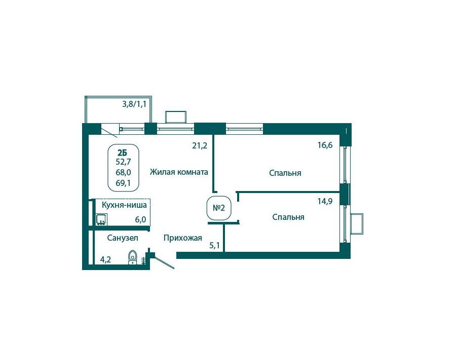 Планировка: 2-комн. квартира 69.10 м² в новостройке Андреевка Лайф