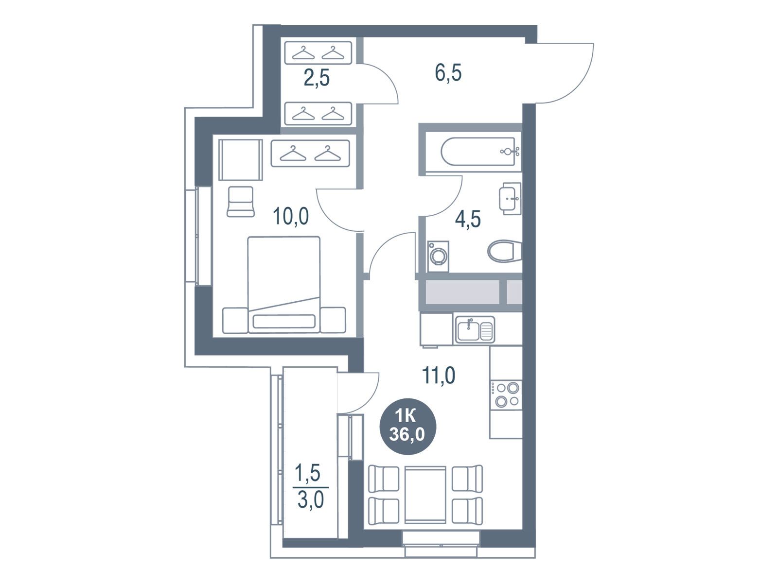 Планировка: 1-комн. квартира 36.00 м² в новостройке ЖК Русич Котельники парк