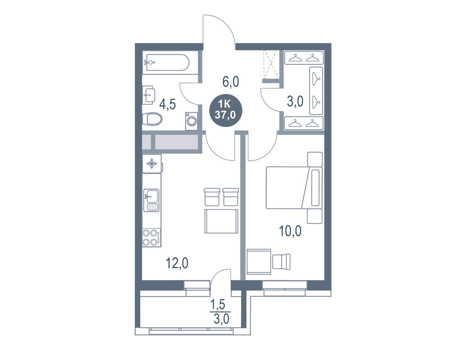 Планировка: 1-комн. квартира 37.00 м² в новостройке ЖК Русич Котельники парк