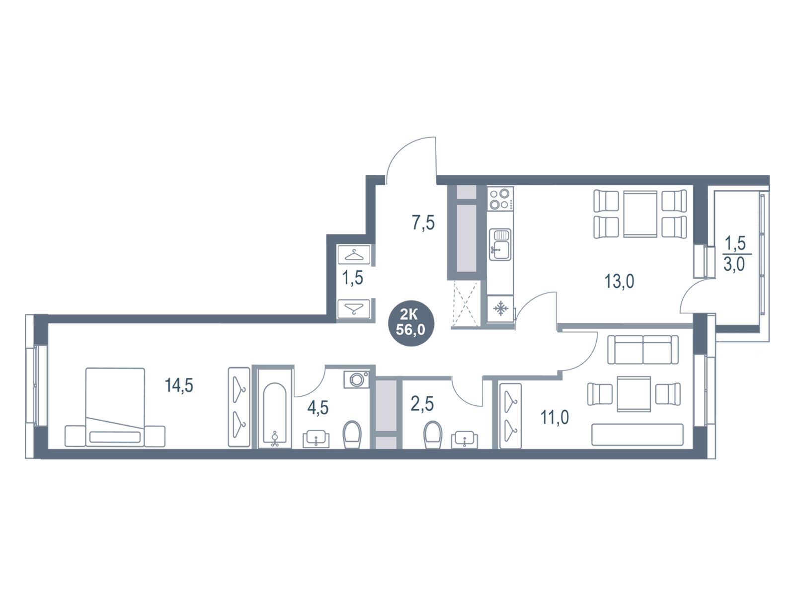 Планировка: 2-комн. квартира 56.00 м² в новостройке ЖК Русич Котельники парк