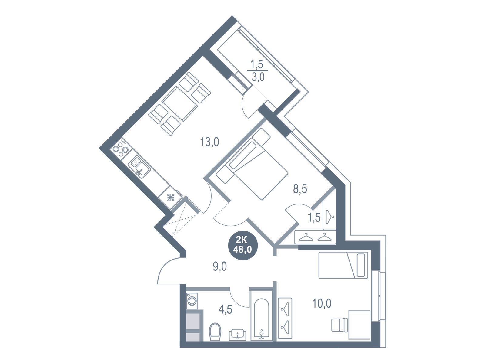 Планировка: 2-комн. квартира 48.00 м² в новостройке Русич Котельники парк