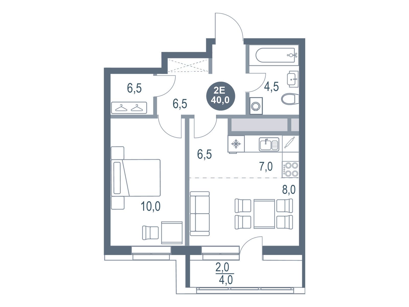 Планировка: 2-комн. квартира 40.00 м² в новостройке Русич Котельники парк