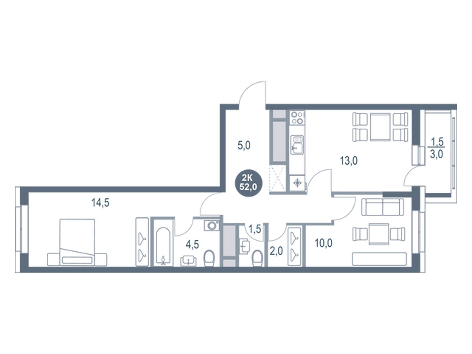 Планировка: 2-комн. квартира 52.00 м² в новостройке Русич Котельники парк