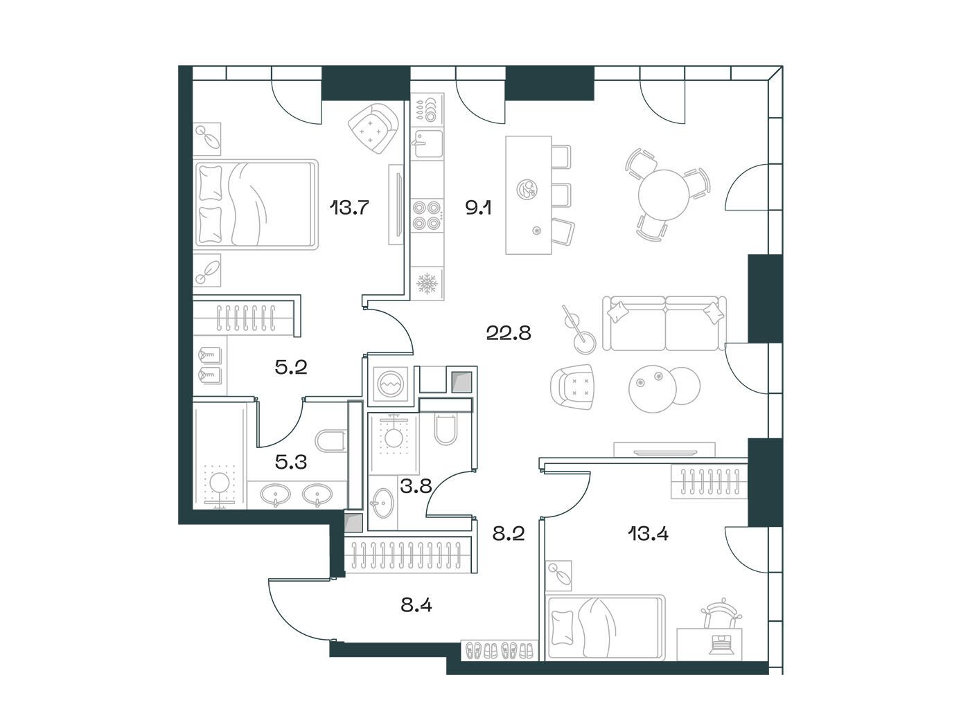 Планировка: 3-комн. квартира 90.80 м² в новостройке ЖК Шифт