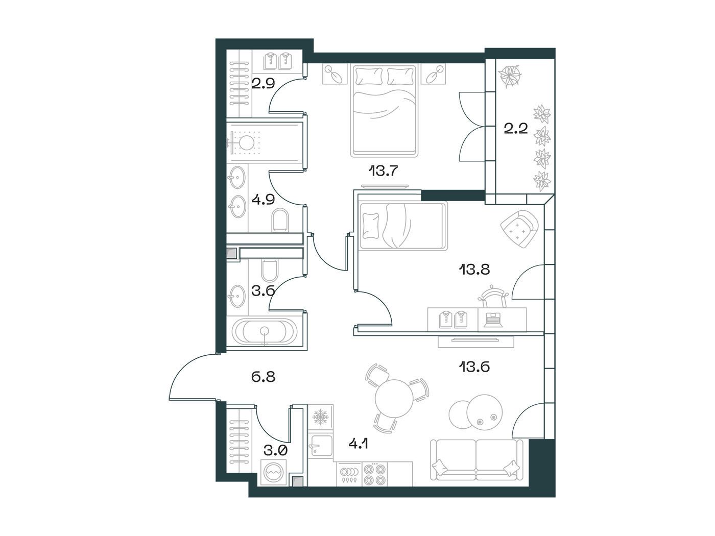 Планировка: 3-комн. квартира 68.60 м² в новостройке ЖК Шифт