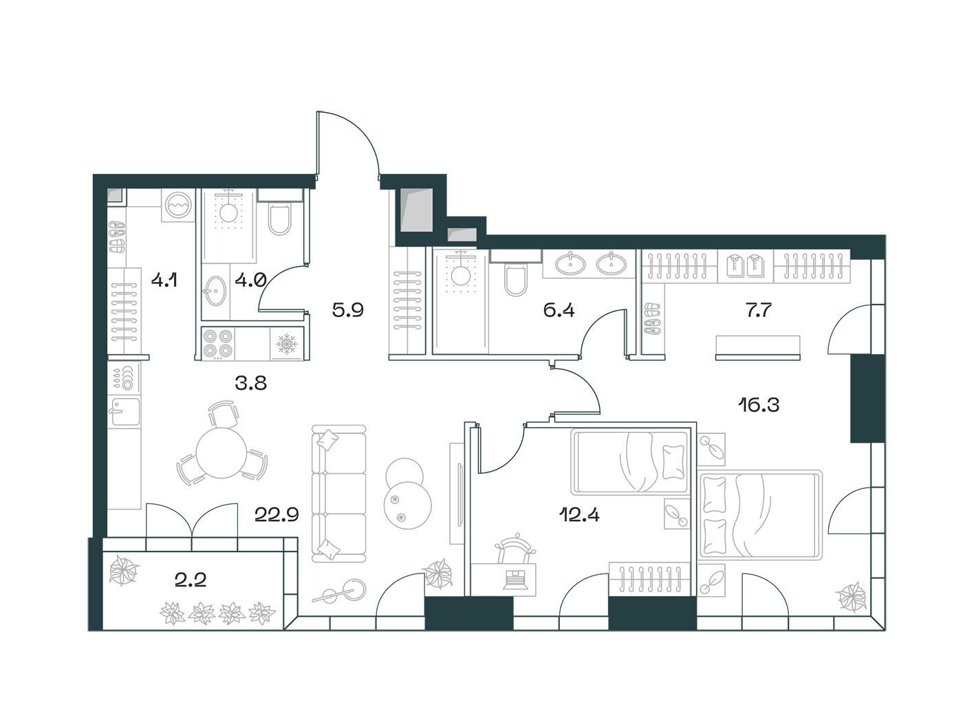 Планировка: 3-комн. квартира 85.70 м² в новостройке Шифт