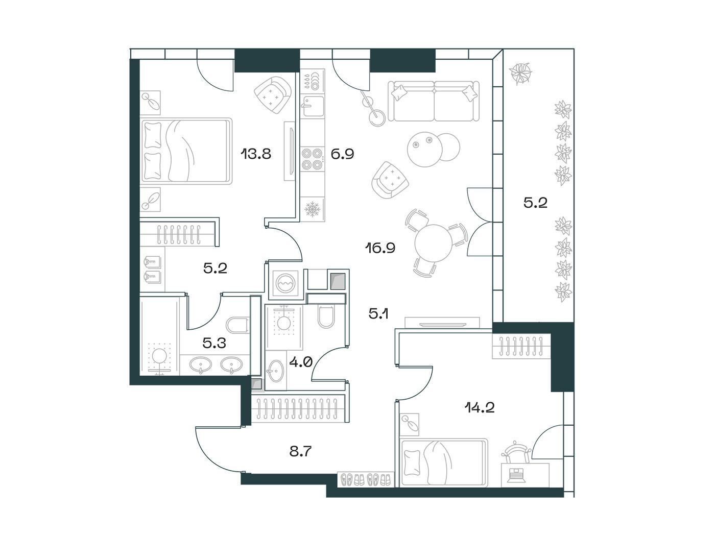 Планировка: 3-комн. квартира 86.20 м² в новостройке Шифт