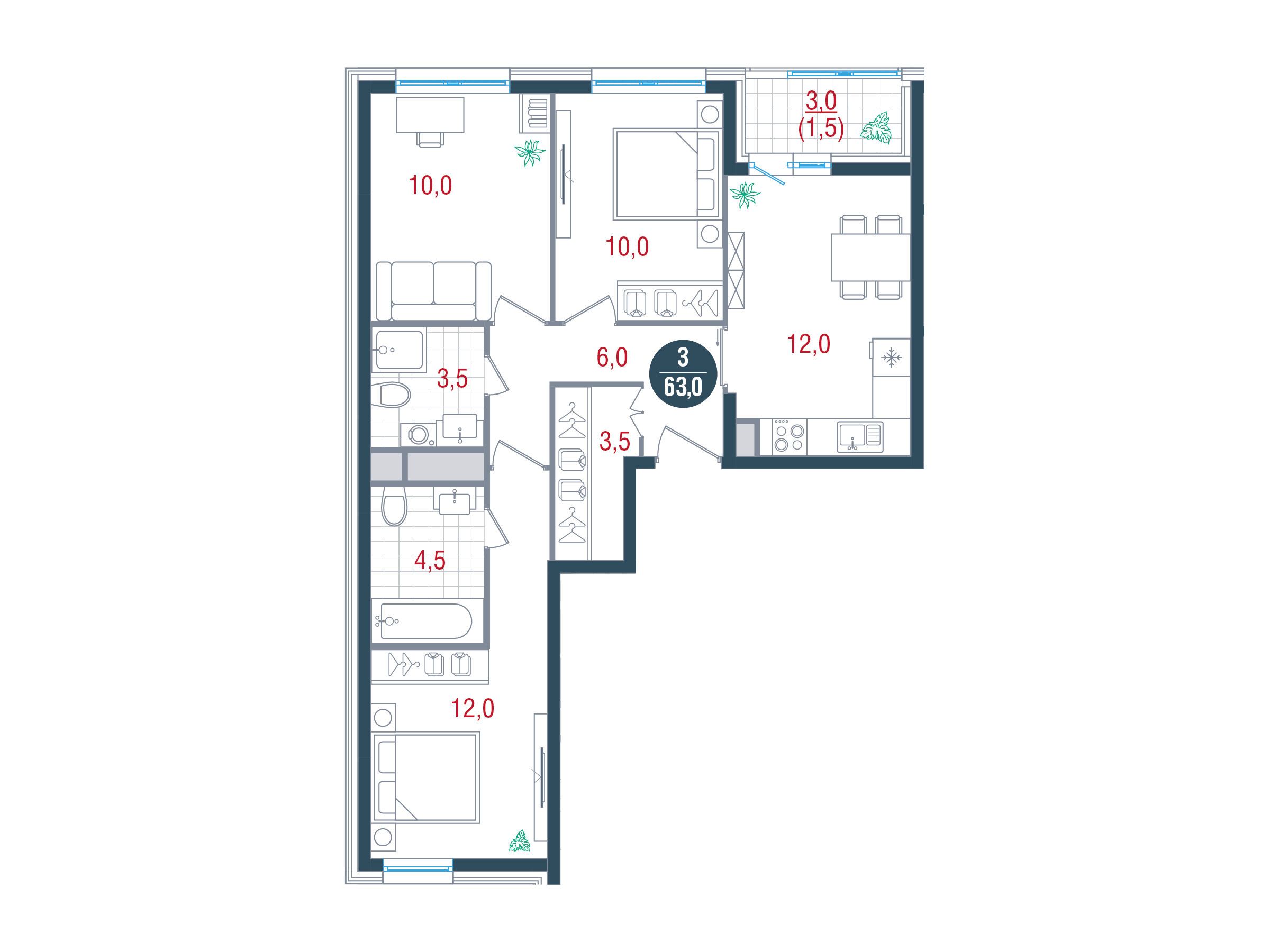 Планировка: 3-комн. квартира 63.00 м² в новостройке ЖК Русич Кантемировский