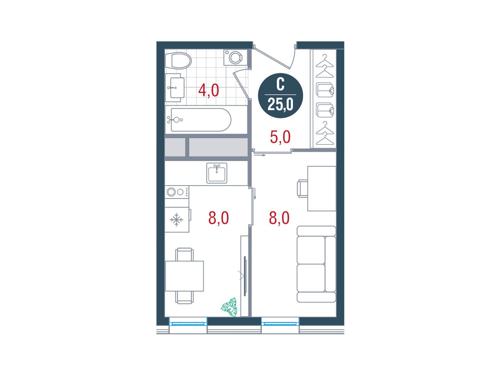 Планировка: Студия 25.00 м² в новостройке ЖК Русич Кантемировский