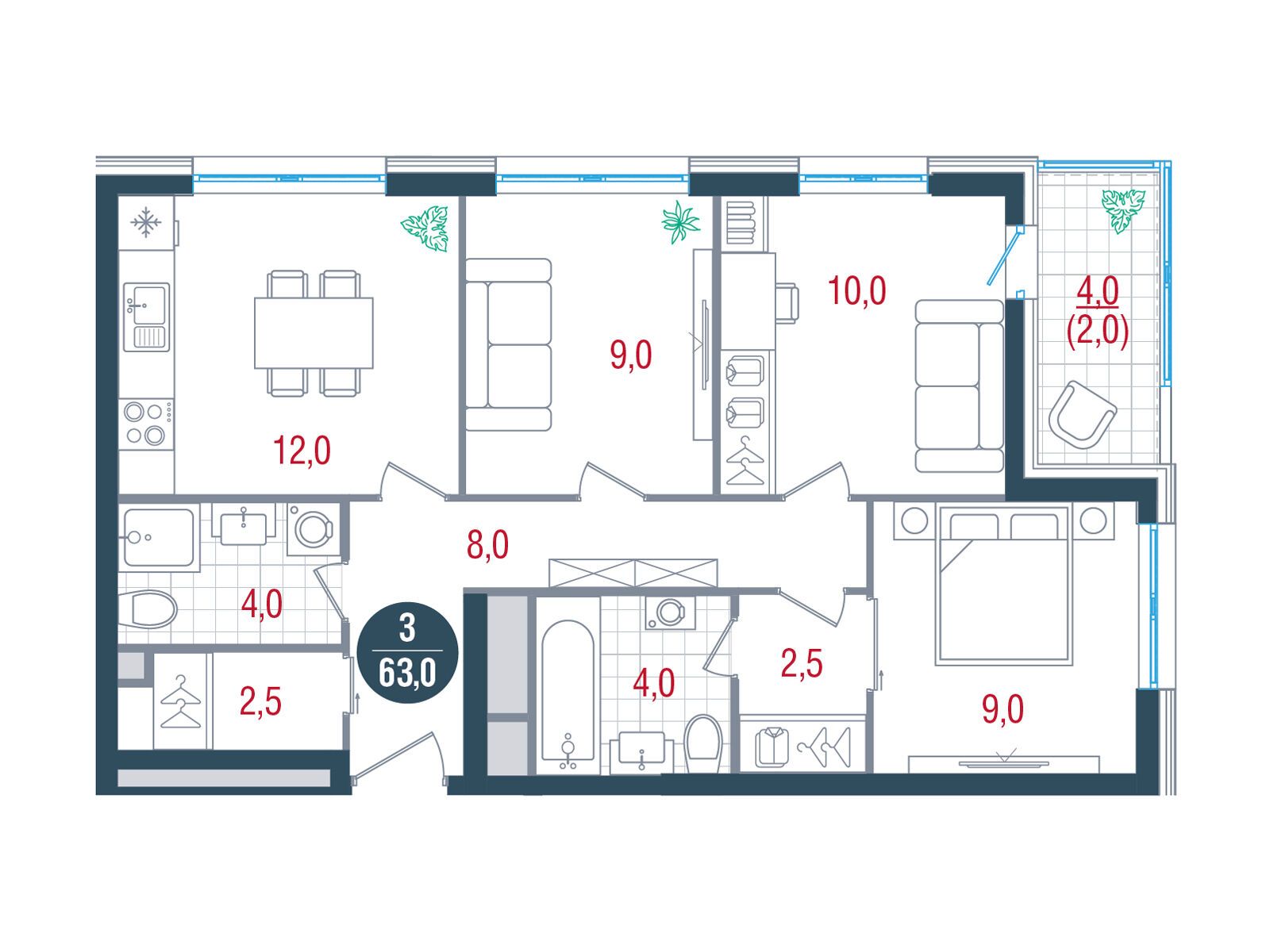 Планировка: 3-комн. квартира 63.00 м² в новостройке ЖК Русич Кантемировский