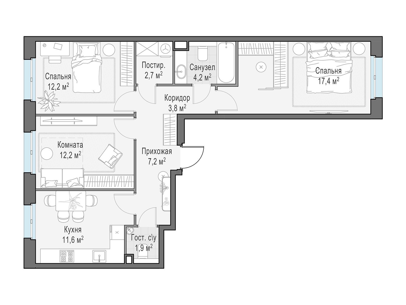 Планировка: 3-комн. квартира 73.20 м² в новостройке Новое Пушкино