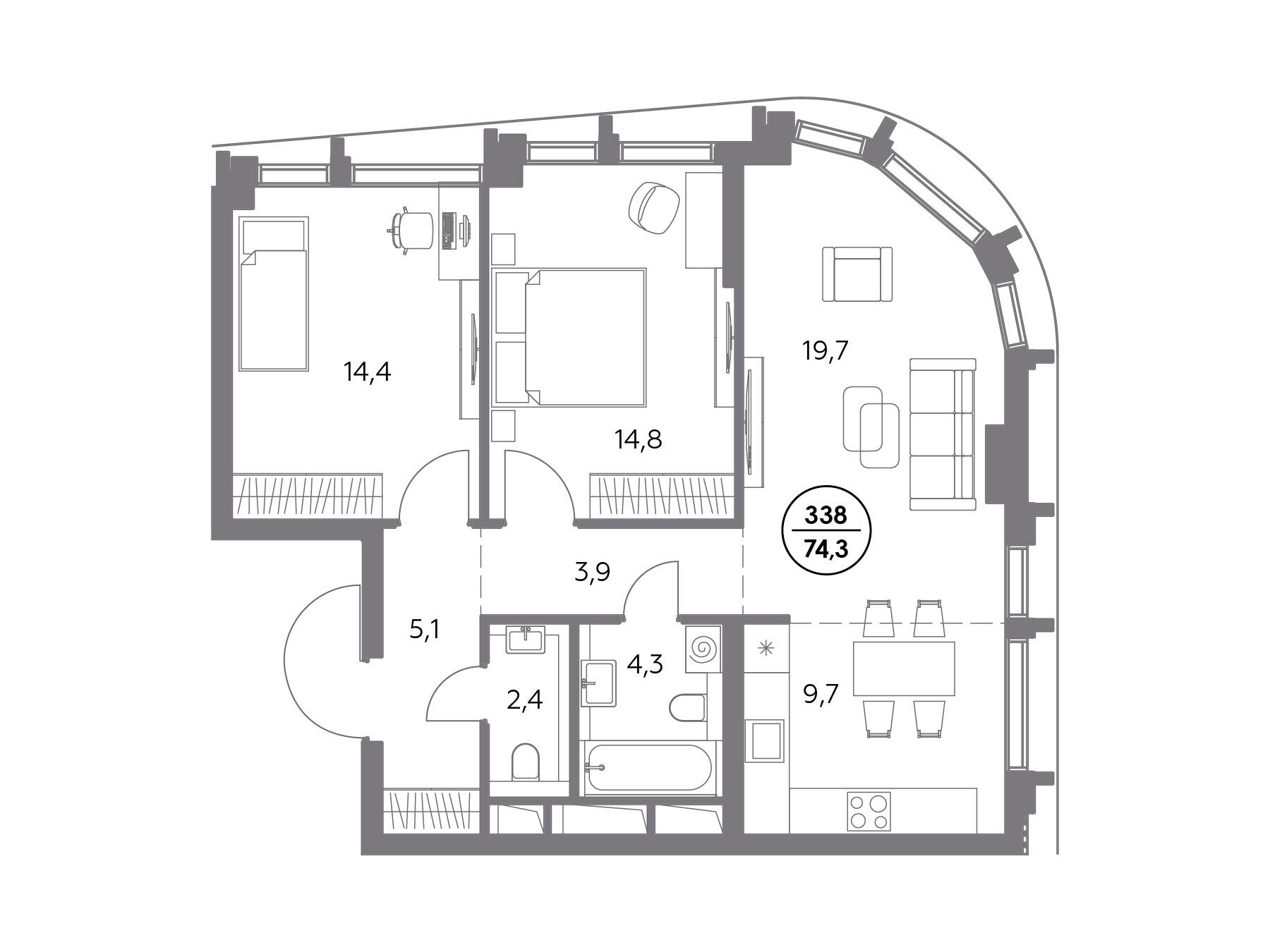 Планировка: 2-комн. квартира 74.30 м² в новостройке Дом 56