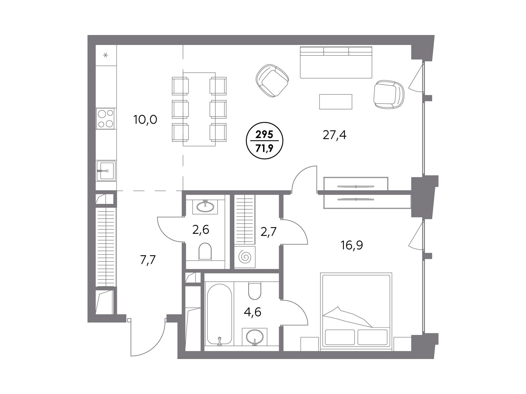 Планировка: 1-комн. квартира 71.90 м² в новостройке Монблан