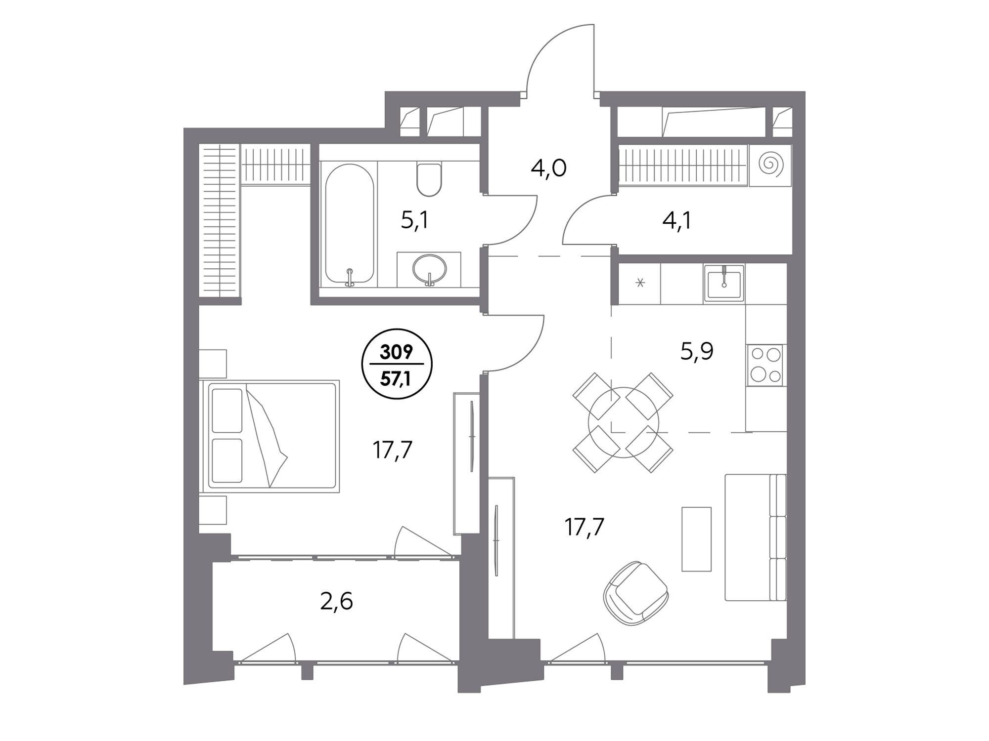 Планировка: 1-комн. квартира 57.10 м² в новостройке Монблан