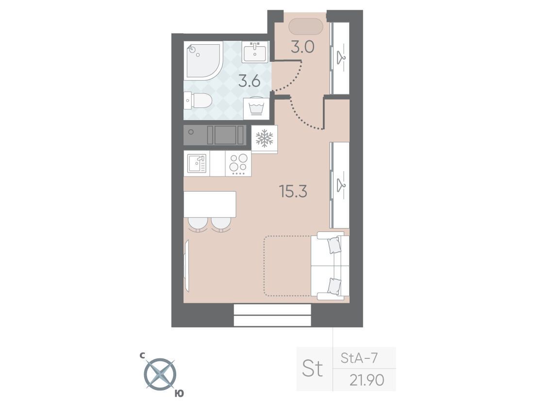 Планировка: Студия 21.90 м² в новостройке ЖК Большая Охта