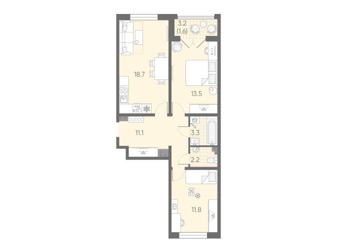 Планировка: 2-комн. квартира 62.20 м² в новостройке Пулково Лайк