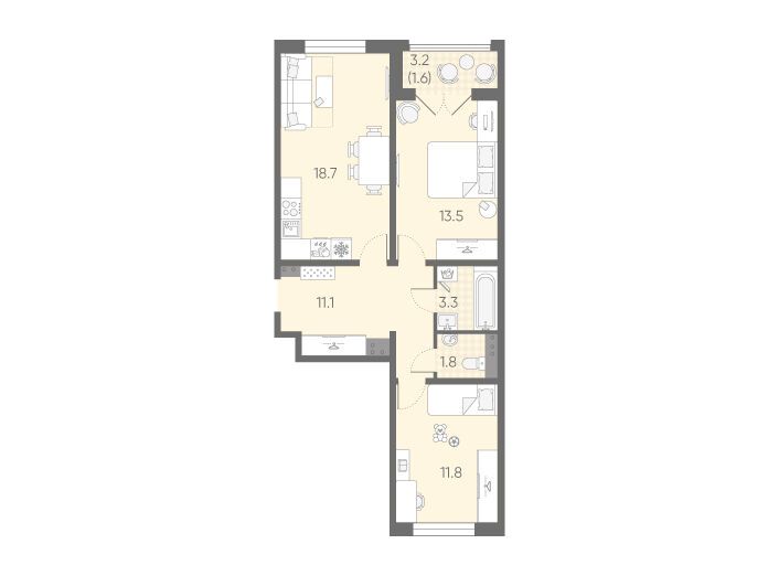 Планировка: 2-комн. квартира 61.80 м² в новостройке Пулково Лайк
