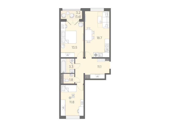 Планировка: 2-комн. квартира 61.80 м² в новостройке Пулково Лайк
