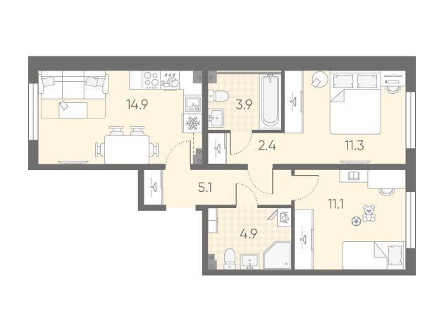 Планировка: 2-комн. квартира 53.60 м² в новостройке Пулково Лайк