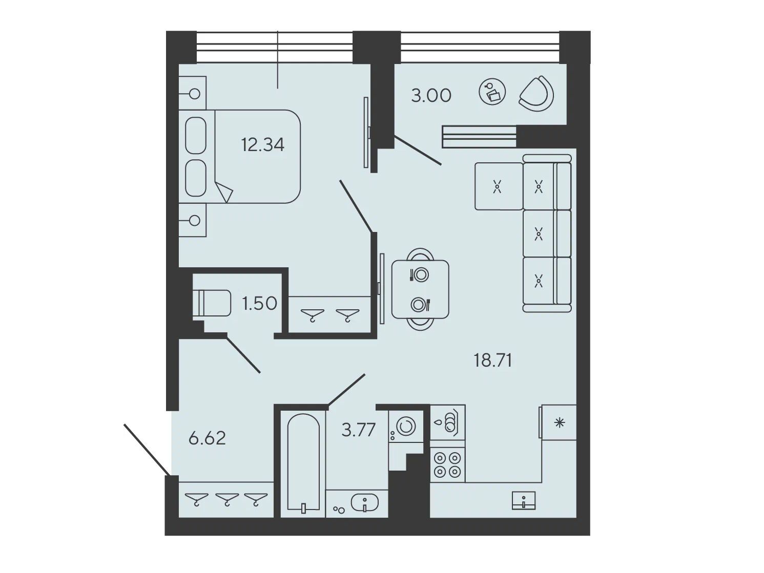 Планировка: 1-комн. квартира 44.44 м² в новостройке Башни Элемент
