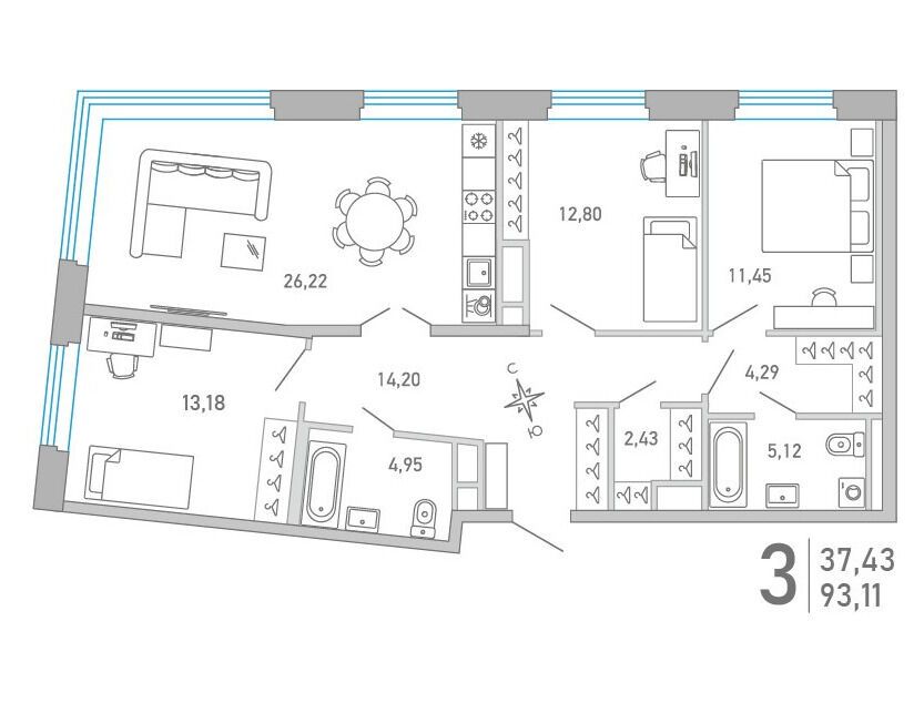 Планировка: 3-комн. квартира 93.09 м² в новостройке ЖК Министр