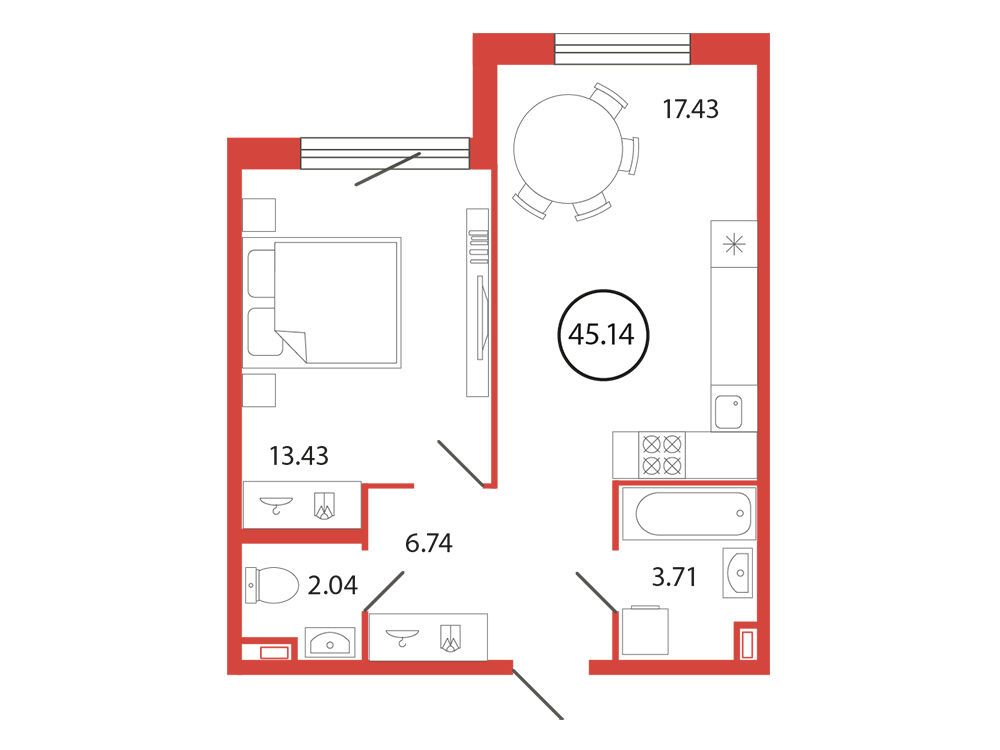 Планировка: 1-комн. квартира 45.14 м² в новостройке Энфилд