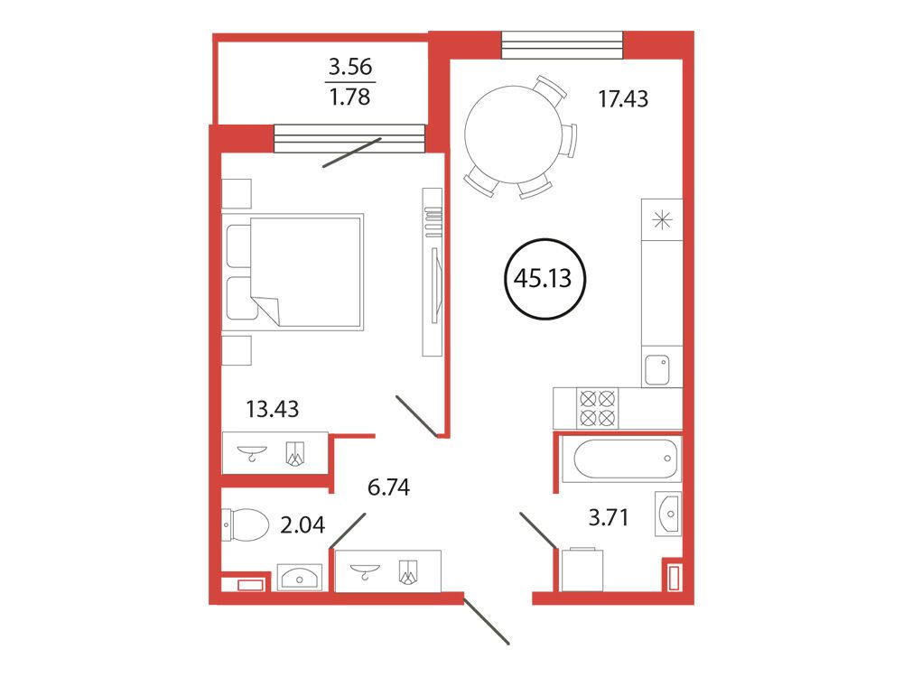 Планировка: 1-комн. квартира 45.13 м² в новостройке Энфилд