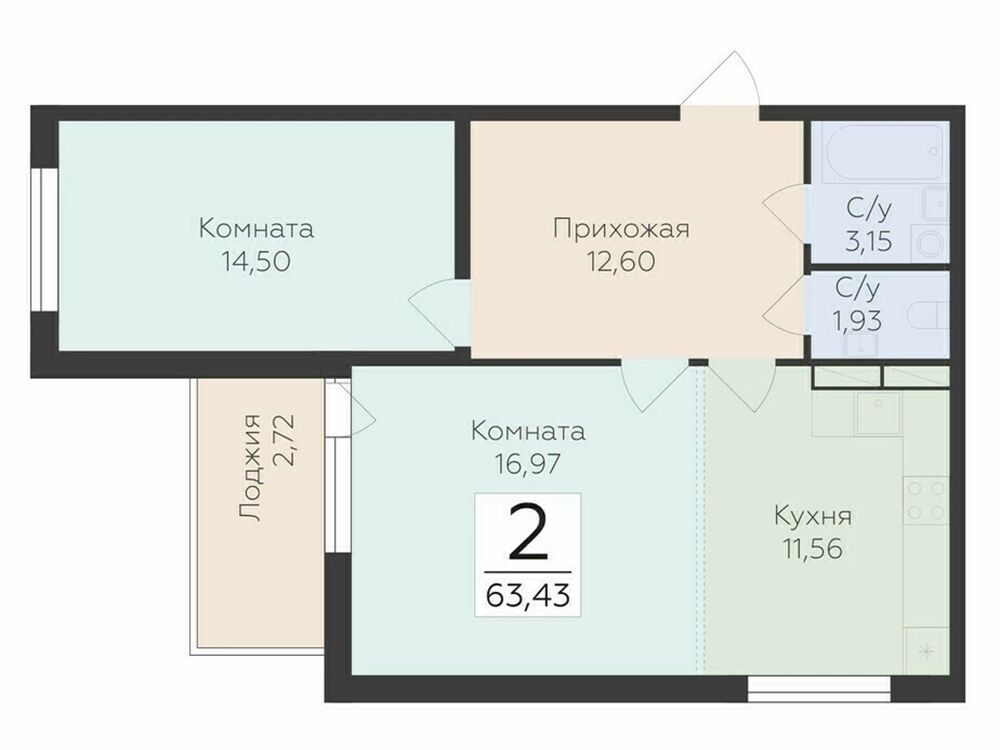 Планировка: 2-комн. квартира 63.43 м² в новостройке ЖК Финский квартал