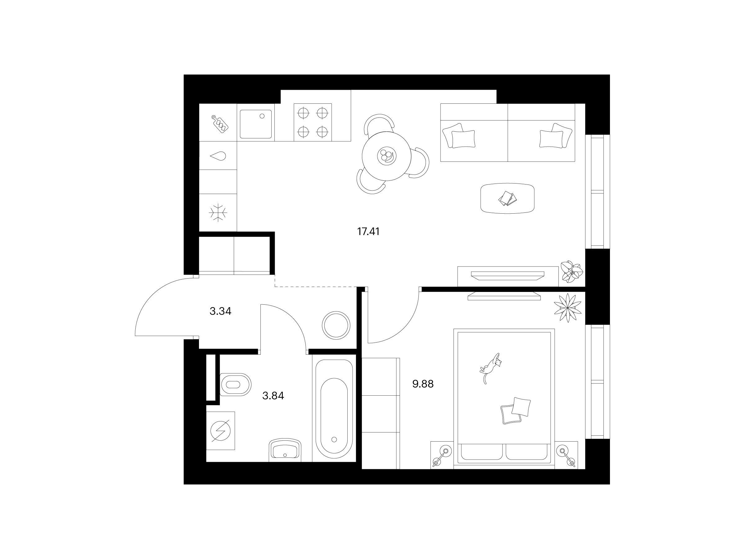 Планировка: 1-комн. квартира 34.47 м² в новостройке Заречный парк