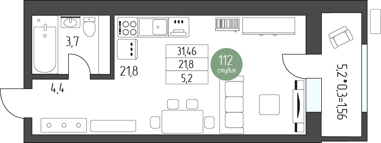 Планировка: Студия 31.46 м² в новостройке ЖК Лермонтов