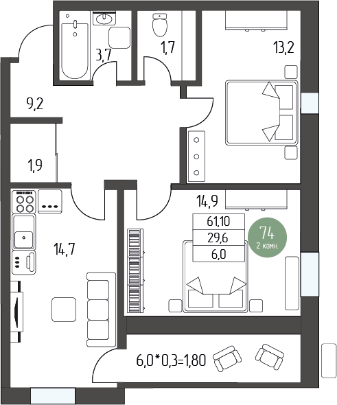 Планировка: 2-комн. квартира 61.10 м² в новостройке ЖК Лермонтов
