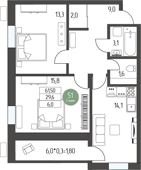 Планировка: 2-комн. квартира 61.50 м² в новостройке ЖК Лермонтов