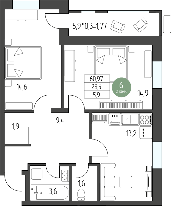 Планировка: 2-комн. квартира 60.97 м² в новостройке ЖК Лермонтов