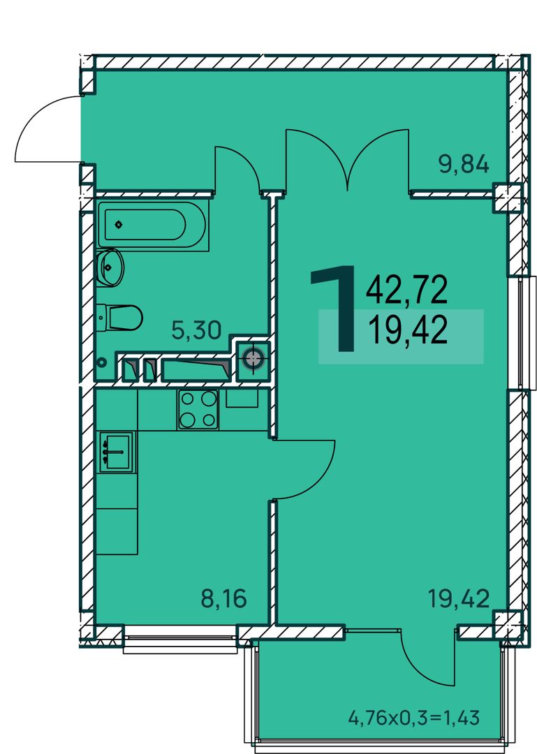 Планировка: 1-комн. квартира 43.46 м² в новостройке Две реки
