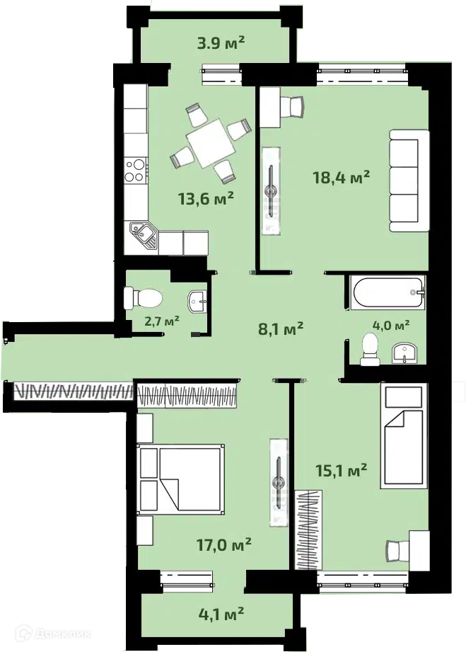 Планировка: 3-комн. квартира 85.00 м² в новостройке Гармония жизни