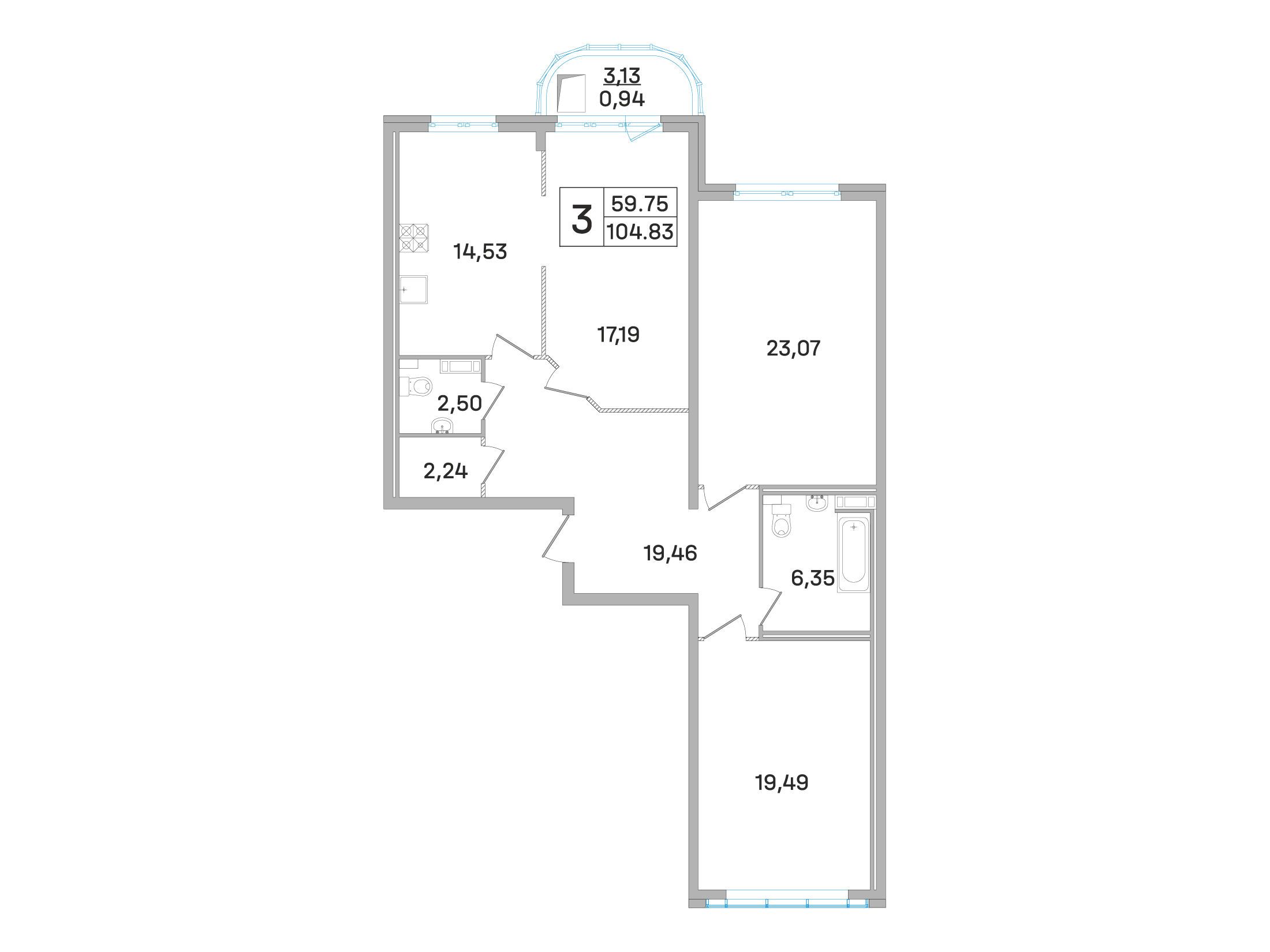 Планировка: 3-комн. квартира 104.40 м² в новостройке Дом-Мегалит в Королеве