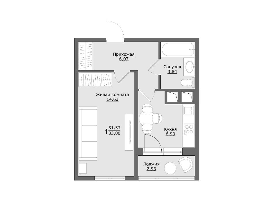 Планировка: 1-комн. квартира 33.00 м² в новостройке Клевер