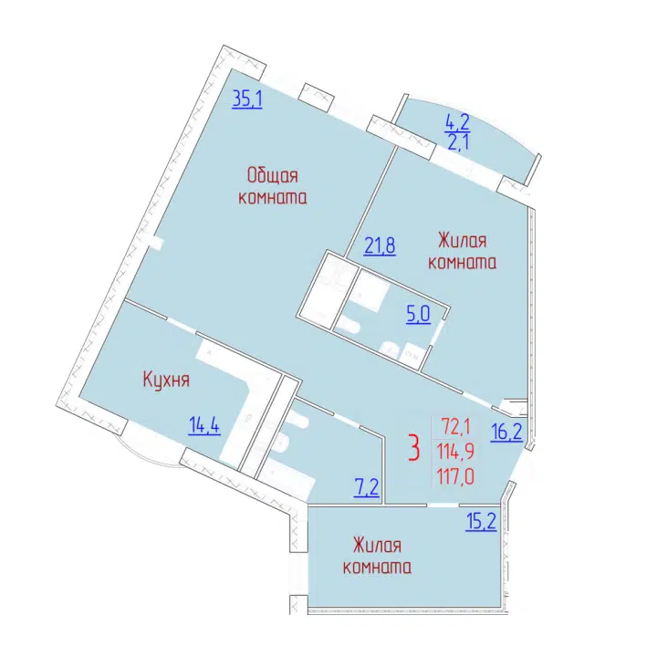Планировка: 3-комн. квартира 117.00 м² в новостройке Дом на Плеханова