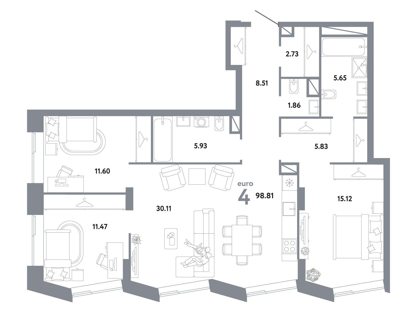 Планировка: 3-комн. квартира 98.81 м² в новостройке Репаблик