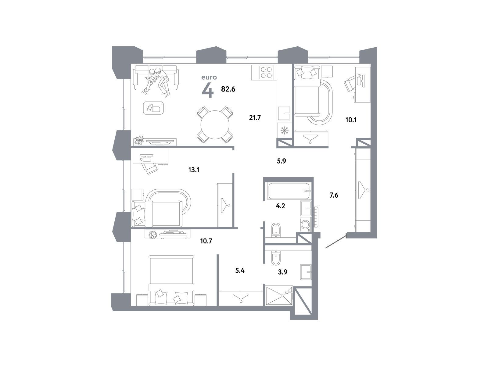 Планировка: 4-комн. квартира 82.60 м² в новостройке Страна. Заречная