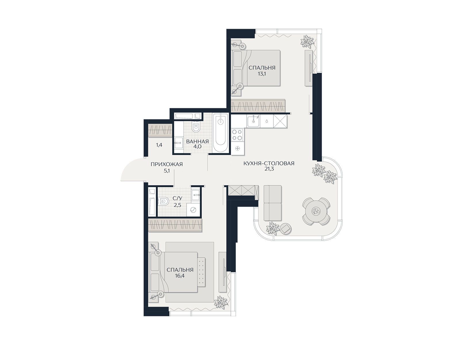 Планировка: 3-комн. квартира 63.80 м² в новостройке Кутузов Сити