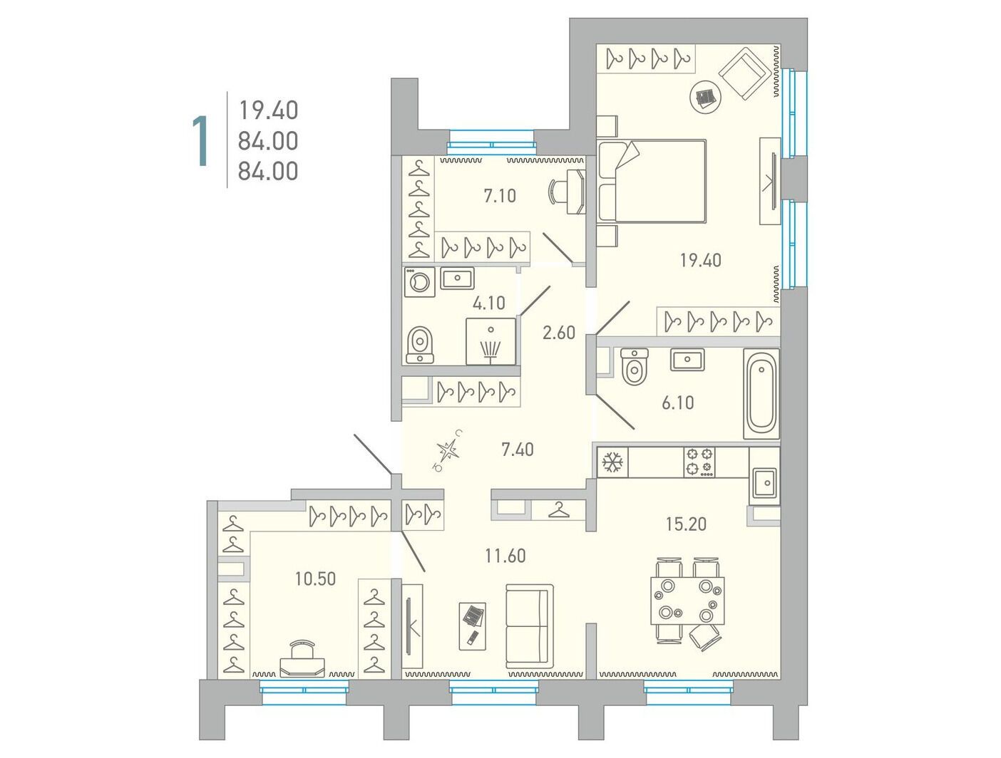 Планировка: 3-комн. квартира 84.10 м² в новостройке Лово