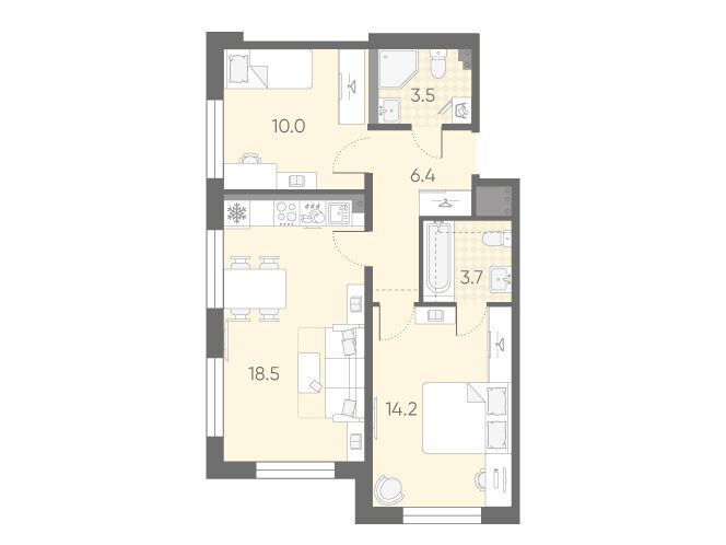 Планировка: 2-комн. квартира 56.30 м² в новостройке Пулково Лайк