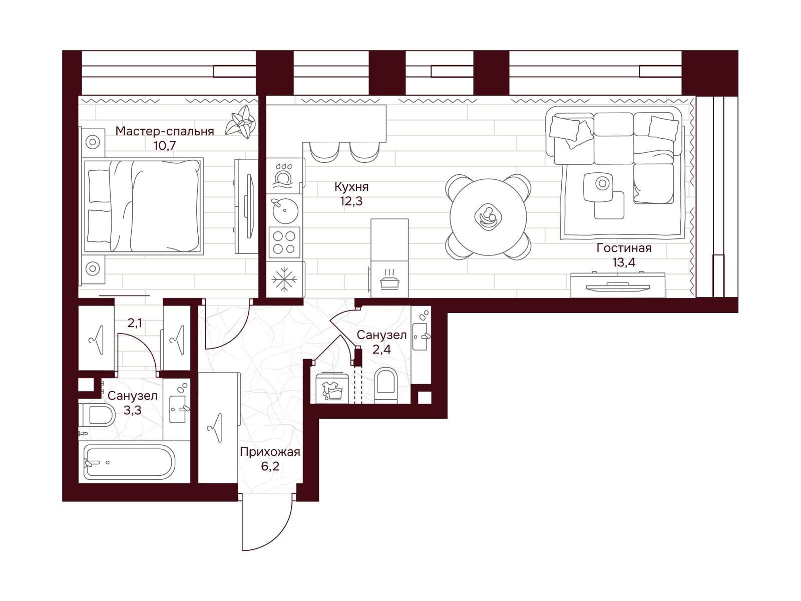 Планировка: 1-комн. квартира 50.40 м² в новостройке Дом 7 Даниловский