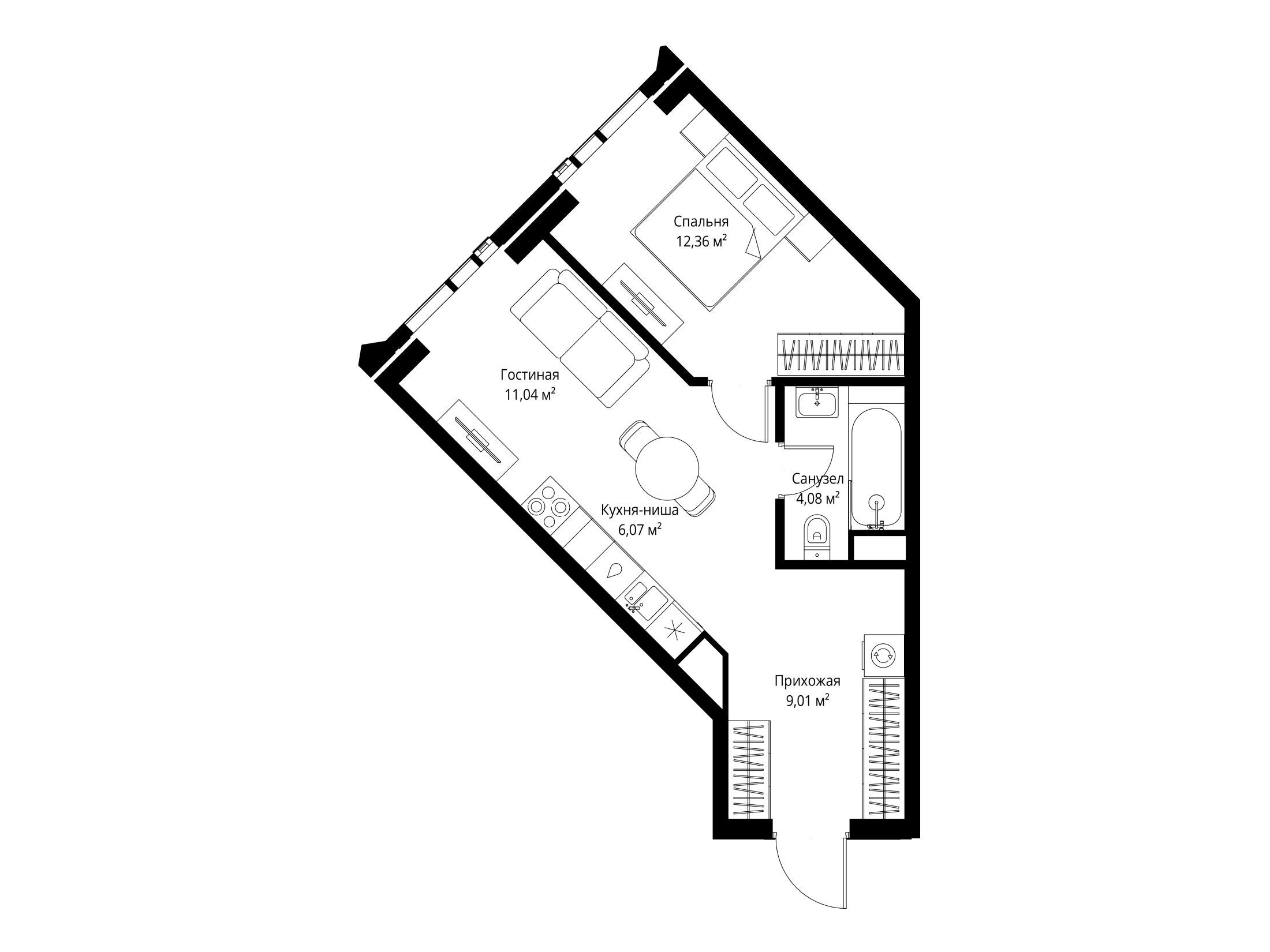Планировка: 1-комн. квартира 42.56 м² в новостройке Джойс