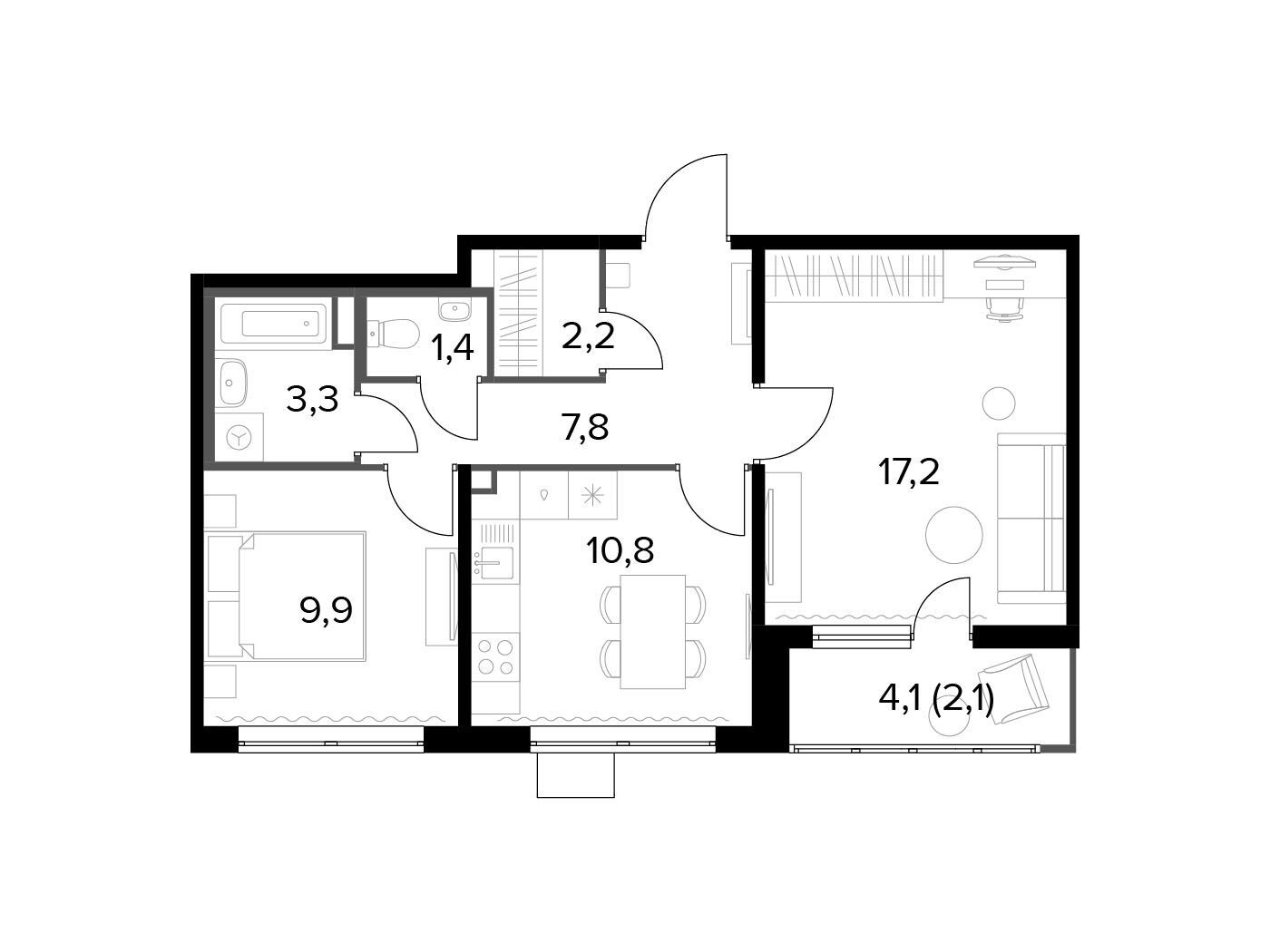 Планировка: 2-комн. квартира 54.60 м² в новостройке 1-й Лермонтовский